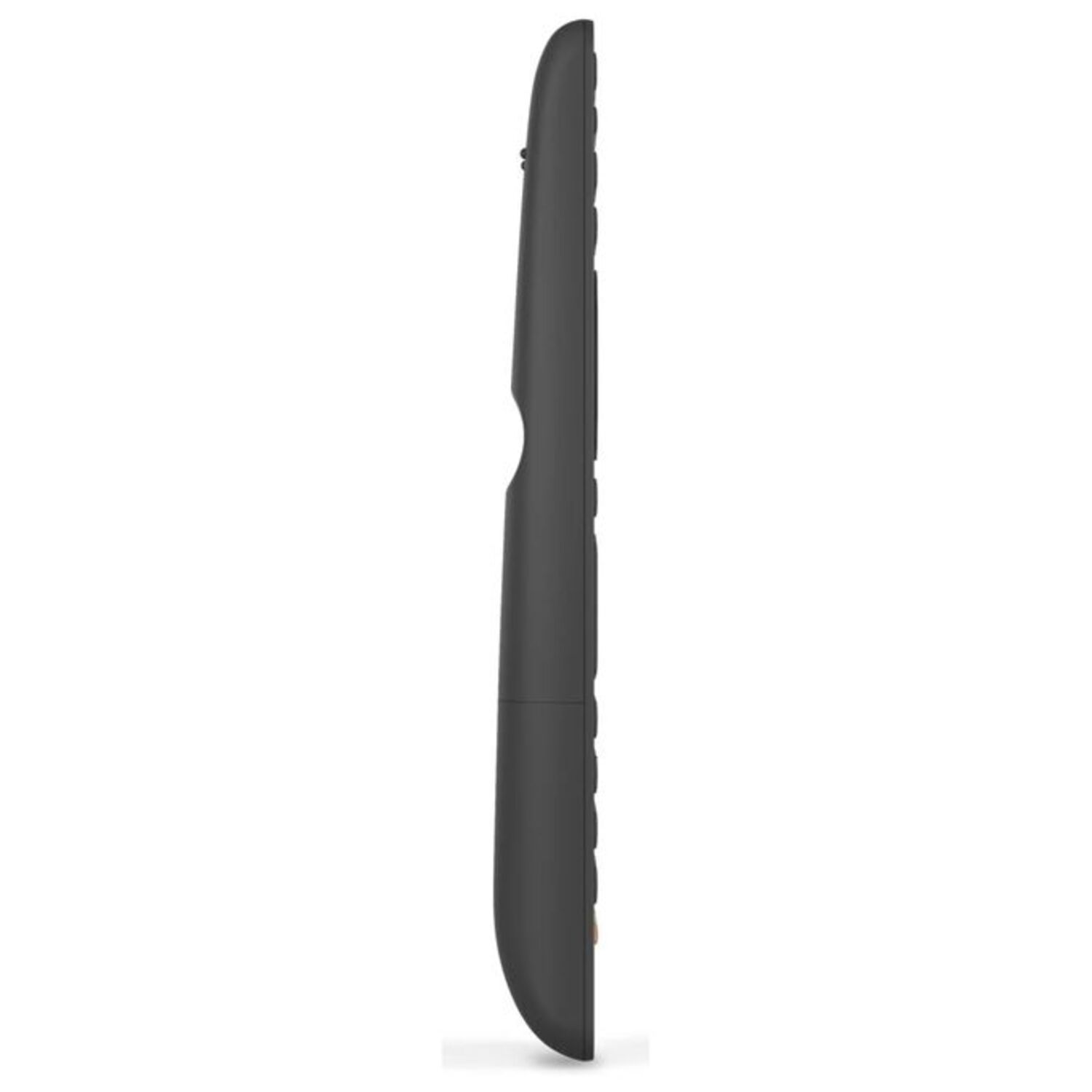 A side view of a dark gray remote control. Buttons are visible along the right side. White background.