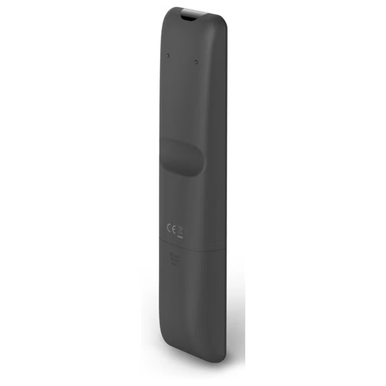A dark gray TV remote control stands upright against a white background. It features buttons, a rounded top, and the CE mark.