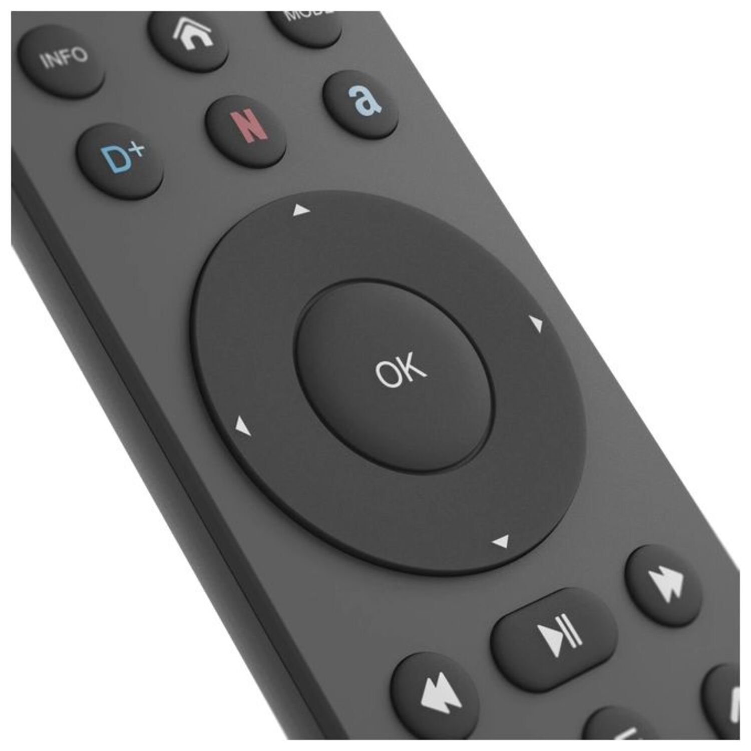 A close-up of a gray TV remote control. Buttons include 'OK', direction arrows, 'INFO', and others. The remote is angled.
