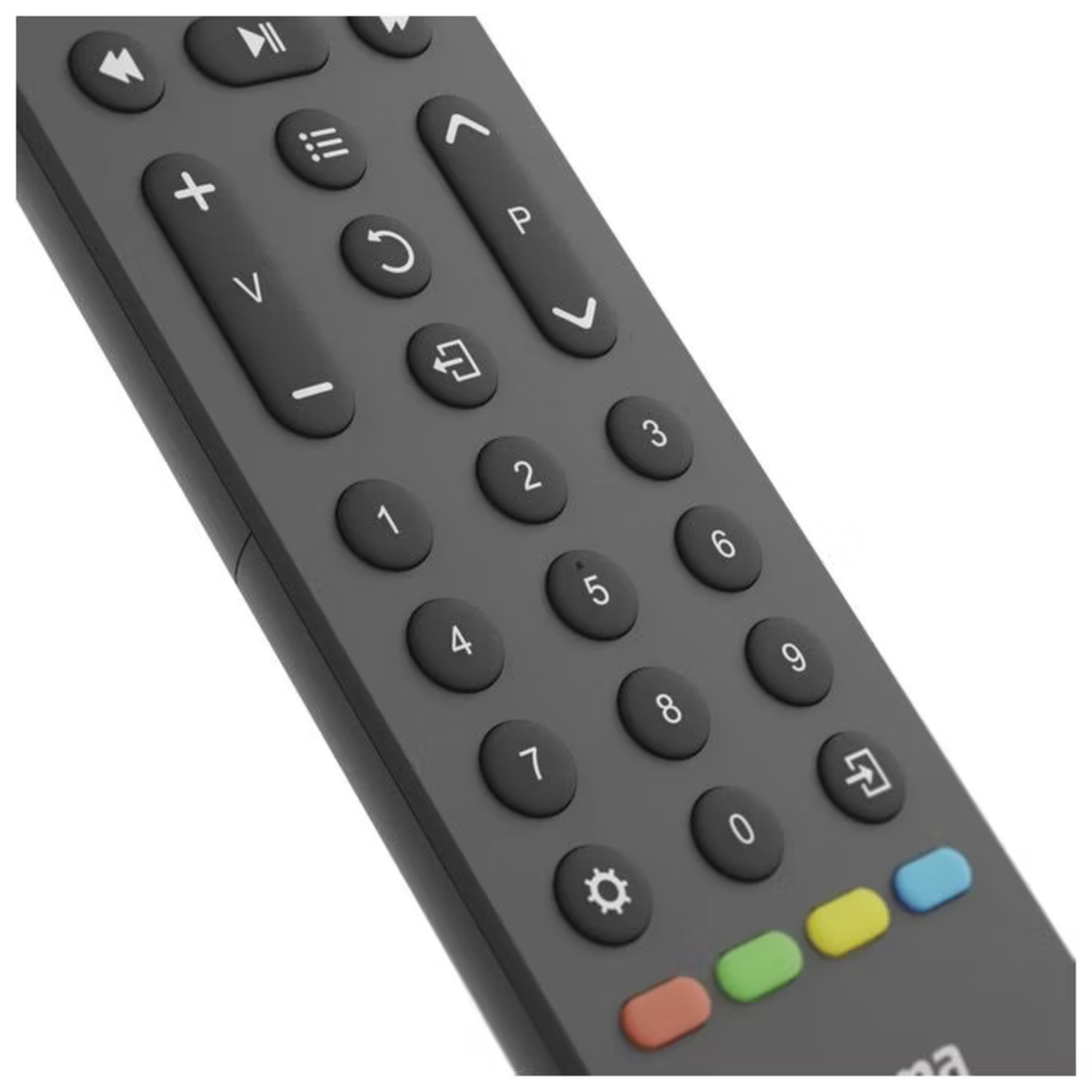 A dark gray remote control. It has buttons with numbers, volume, channel, and playback controls. Colored buttons at the bottom.
