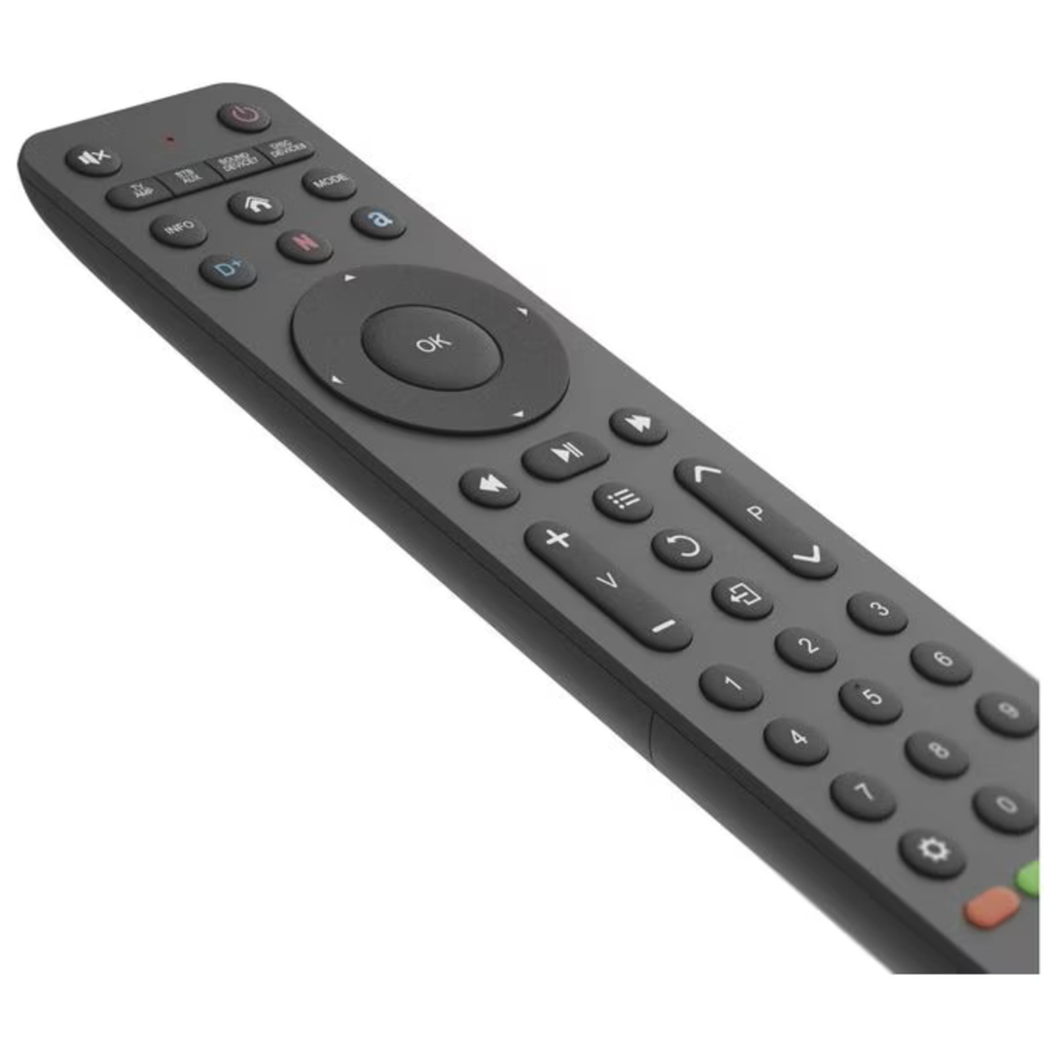 A dark gray TV remote control with many buttons. It has an OK button in the center, and number buttons at the bottom.