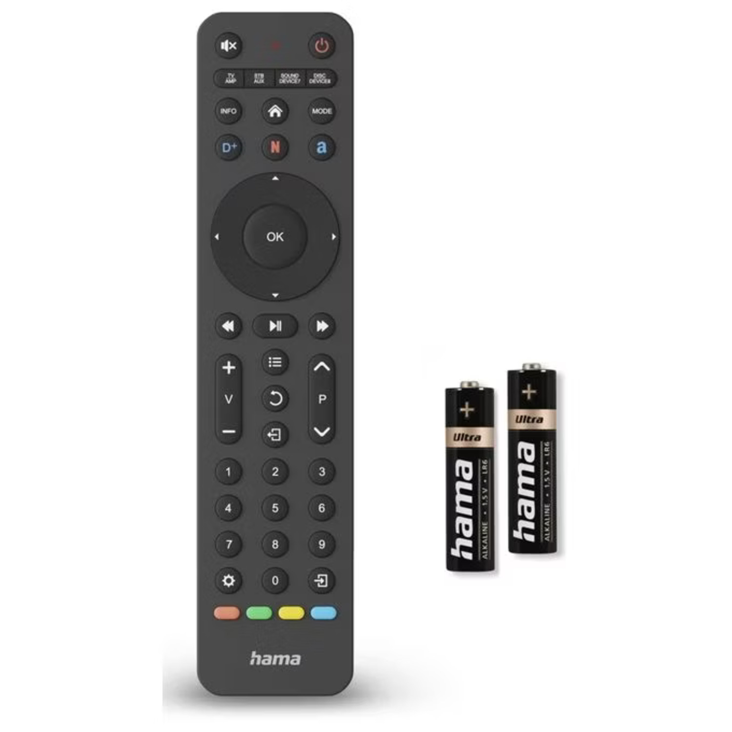 A black remote control and two batteries are on a white background. The remote has buttons. The batteries say "hama" and "Ultra".