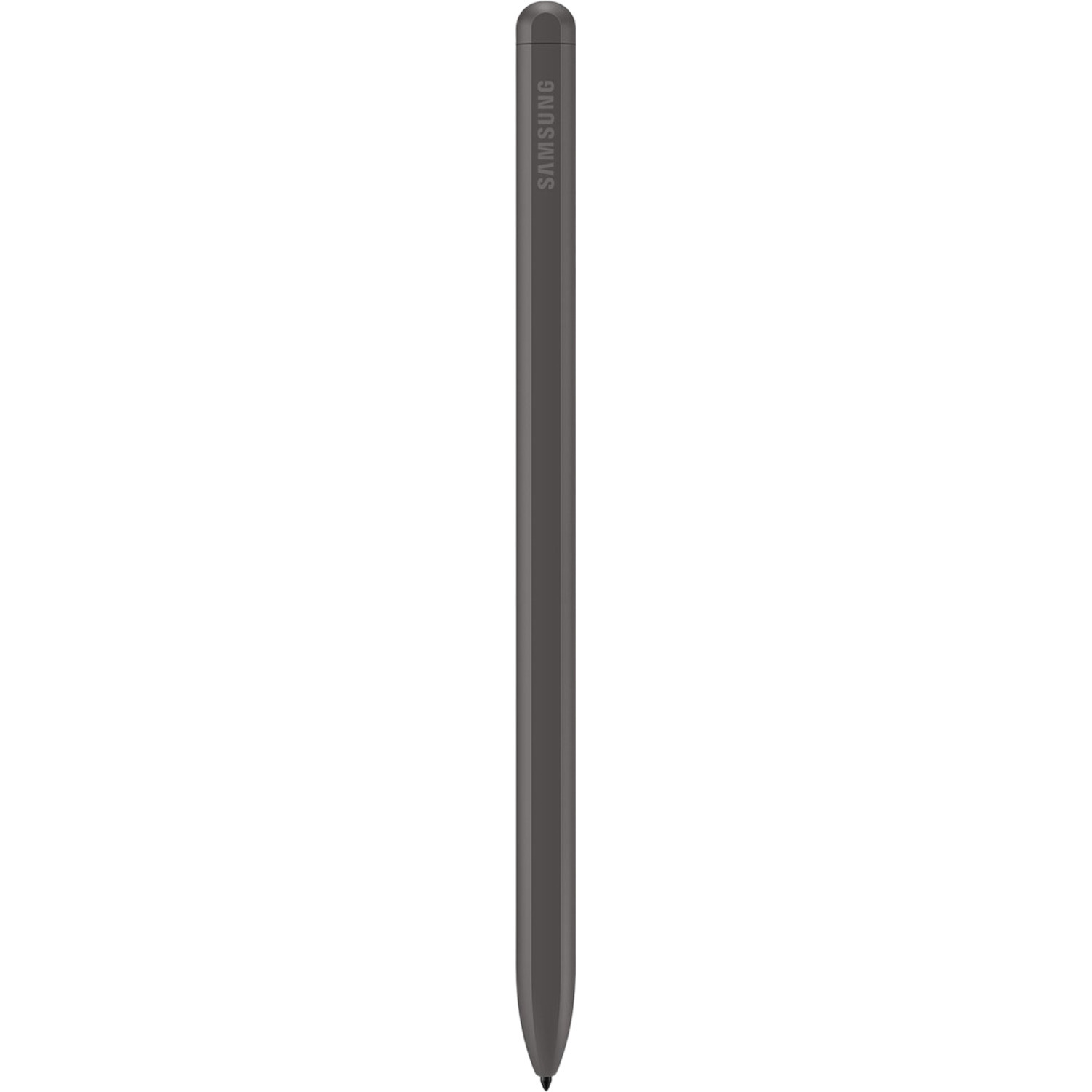 Een grijze Samsung stylus pen, verticaal staand op een witte achtergrond. De pen heeft een afgeronde bovenkant en een puntige punt.