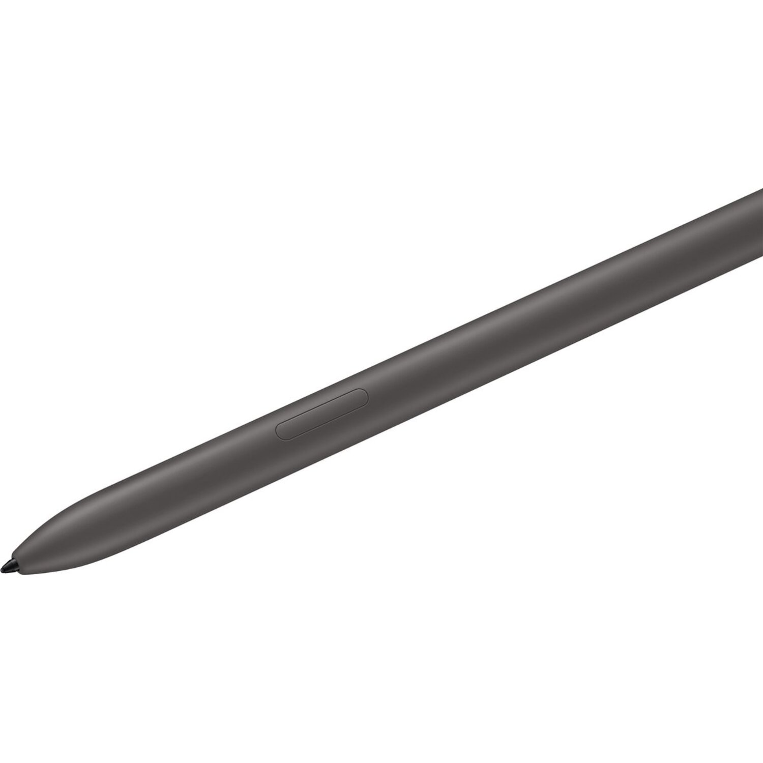 Een donkergrijze styluspen op een witte achtergrond. De pen heeft een knop en een punt.