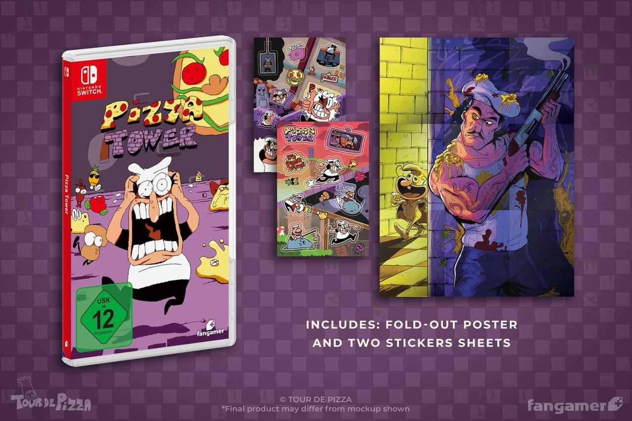 Pizza Tower Spiel mit Extras: Poster, Aufkleber.