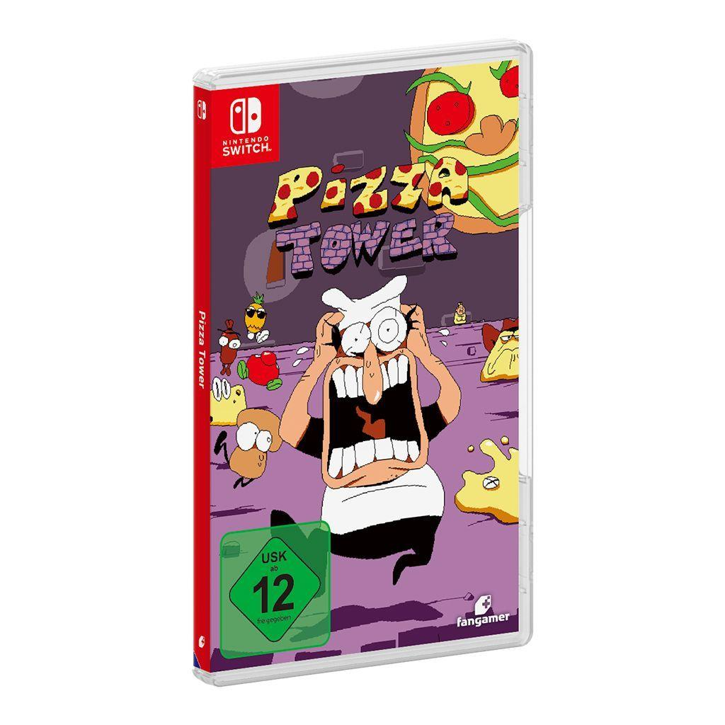 Pizza Tower Nintendo Switch Spielhülle. Enthält einen Cartoon-Koch mit offenem Mund, Pizza und das Logo des Spiels.
