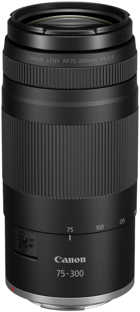 Ein schwarzes Canon-Objektiv, mit Fokusringen und Beschriftungen, steht auf schwarzem Grund.