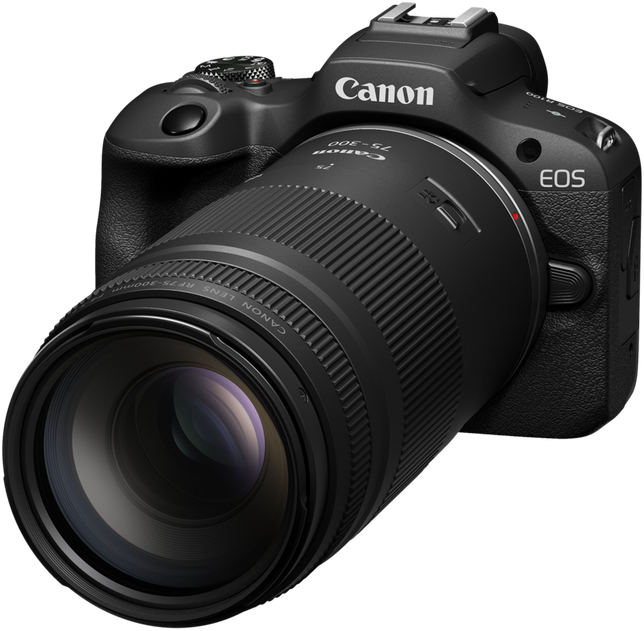 Eine schwarze Canon-Kamera mit Objektiv, gegen schwarzen Hintergrund, mit Fokusringen.