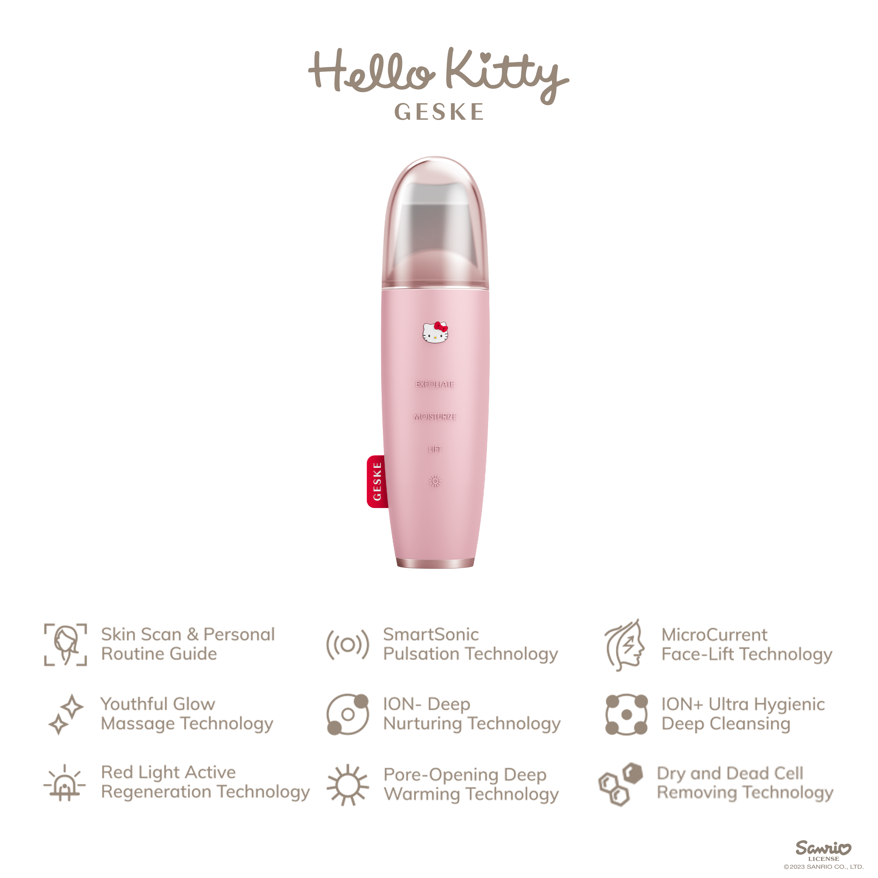 Pembe Geske Hello Kitty yüz fırçası, ürün bilgileri ve simgelerle.