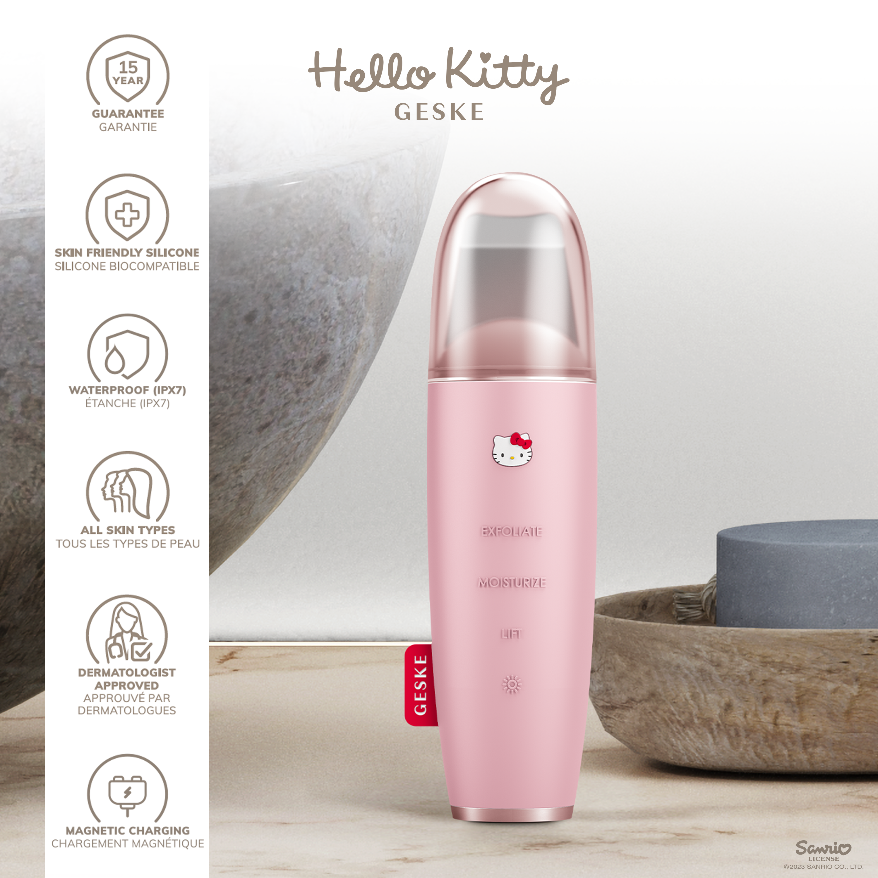 Pembe Hello Kitty Geske yüz cihazı, soyma, nemlendirme ve kaldırma gibi işlevlere sahip.