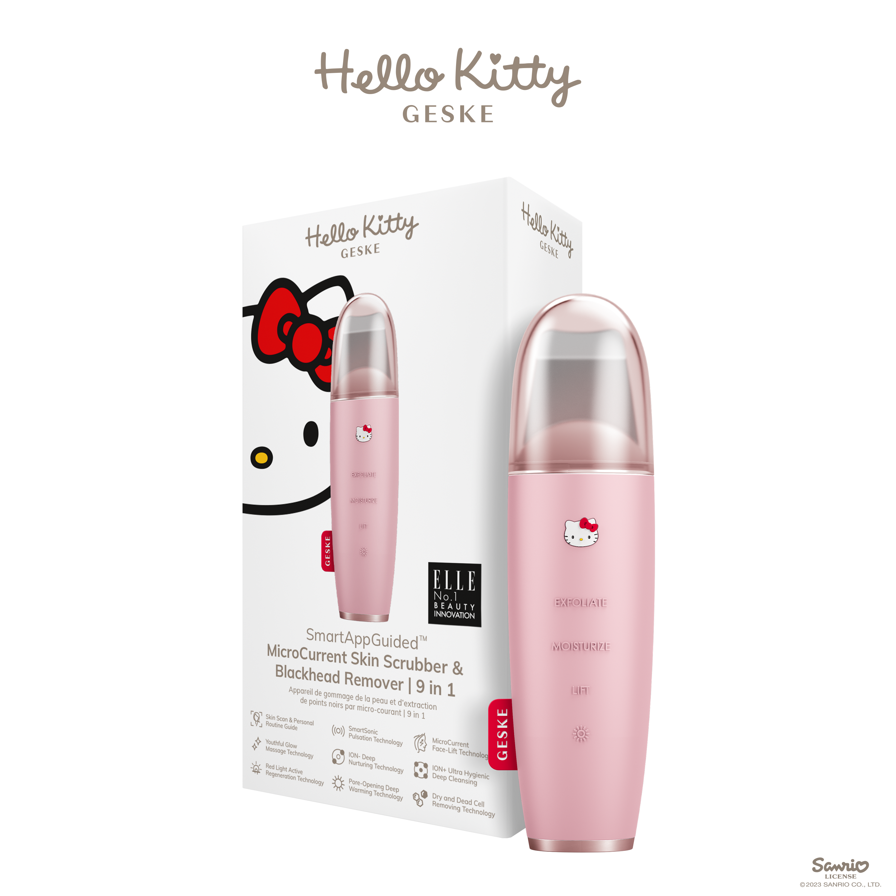 Pembe Hello Kitty Geske yüz cihazı kutuda, soyma ve kaldırma gibi işlevlere sahip.