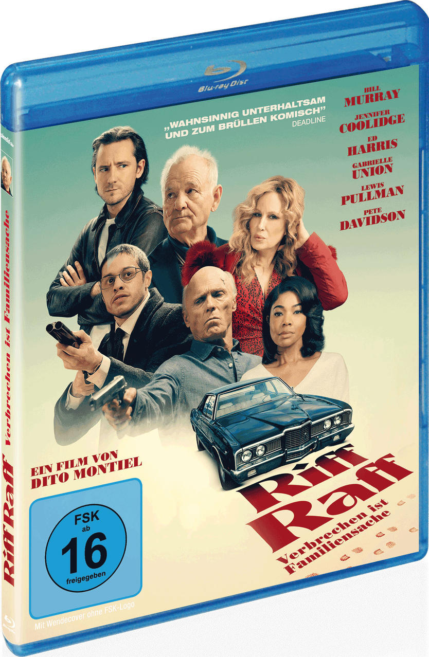 Blu-ray-Cover von Riff Raff mit mehreren Personen. Ein Auto ist im Vordergrund zu sehen.