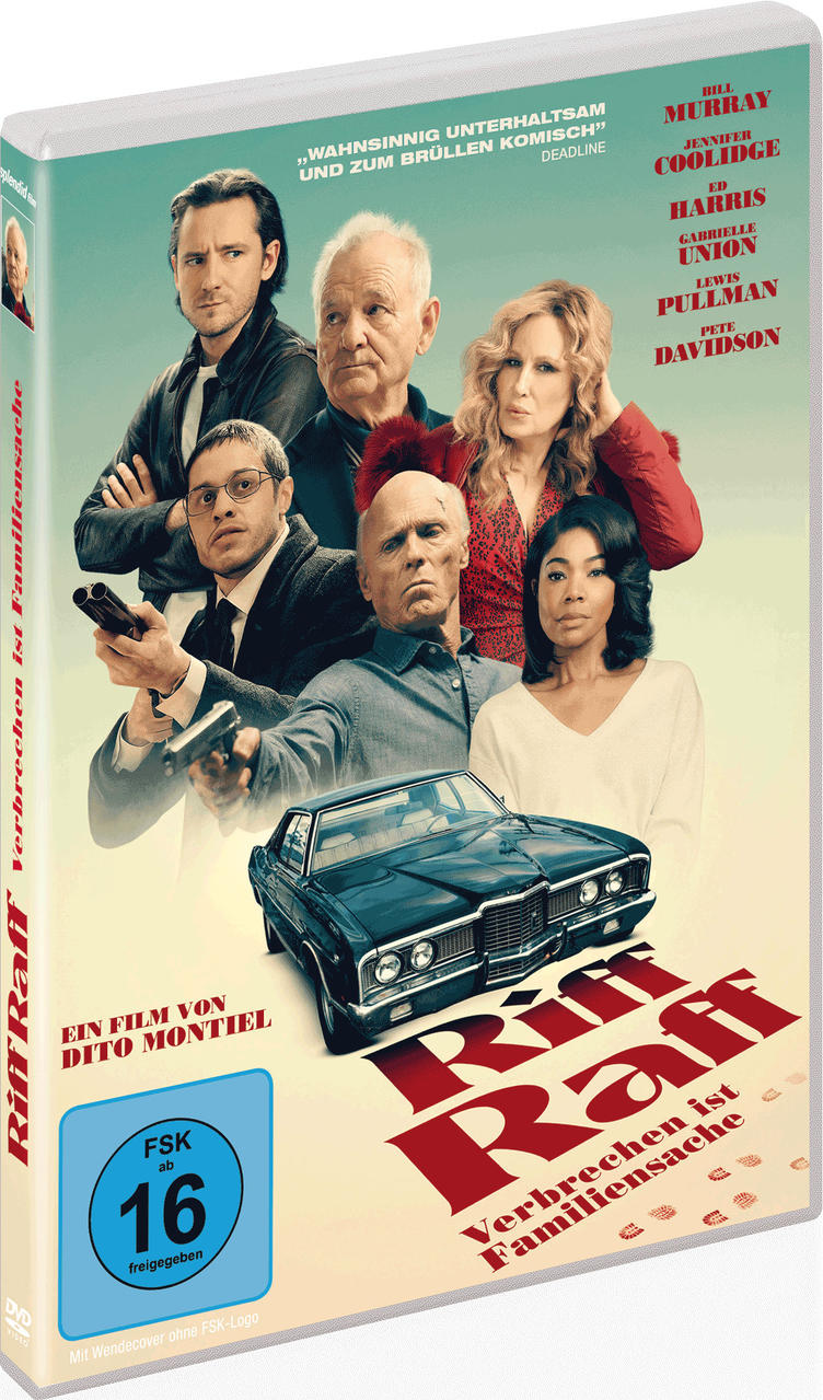 Filmposter: Ensemble-Cast vor Auto. Titel 'Riff Raff'. FSK-Logo, 16. Personen schauen ernst.