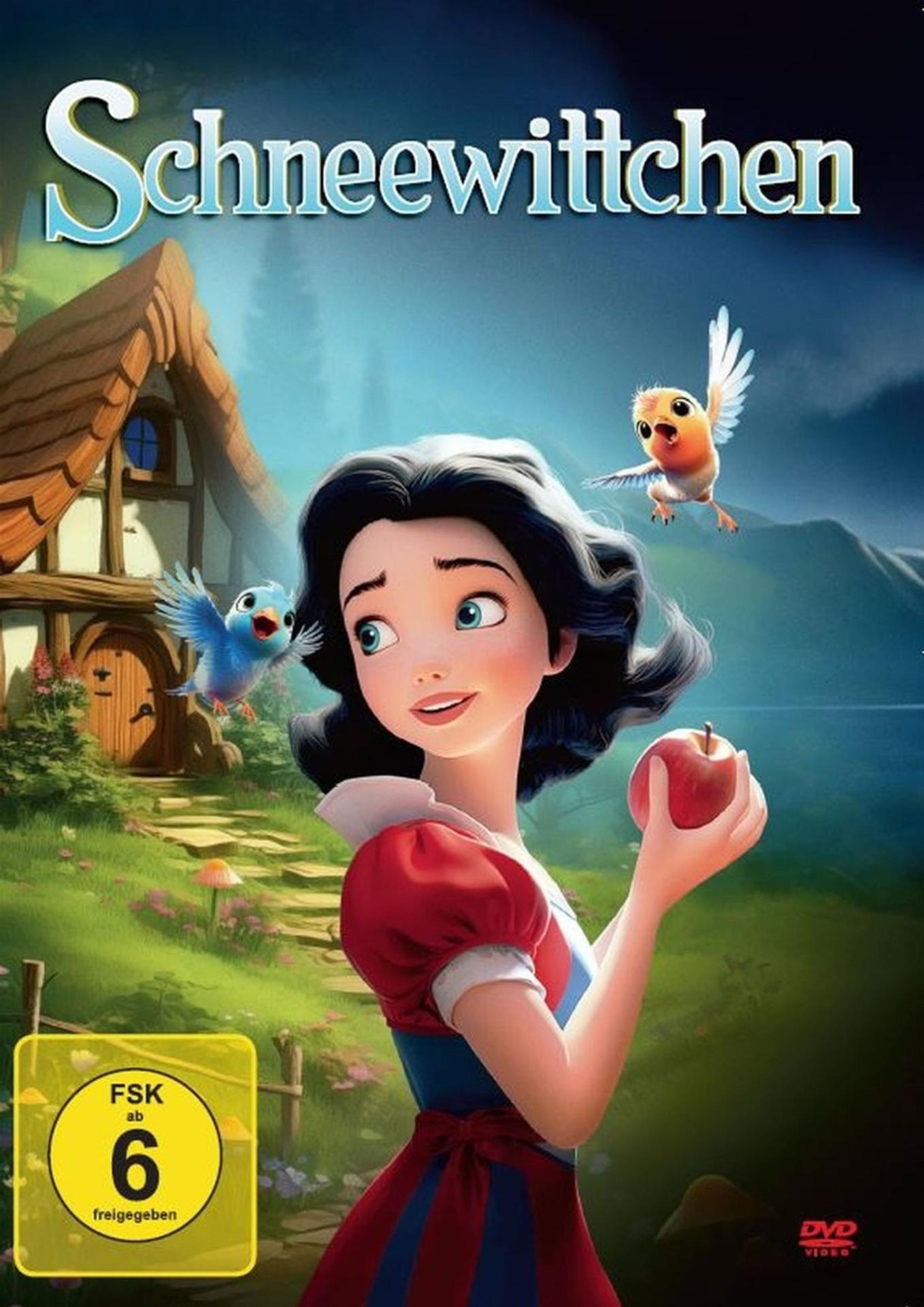 Zeichentrick-DVD-Cover: Schneewittchen mit Apfel, Vögel fliegen. Haus im Hintergrund.