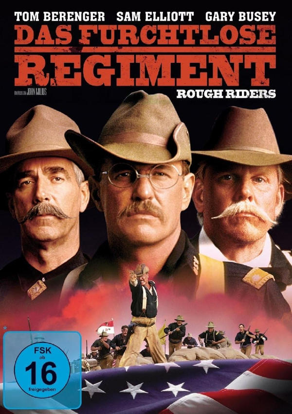 Filmposter: Drei Männer mit Schnurrbart, Titel 'Das Furchtlose Regiment', Flagge.
