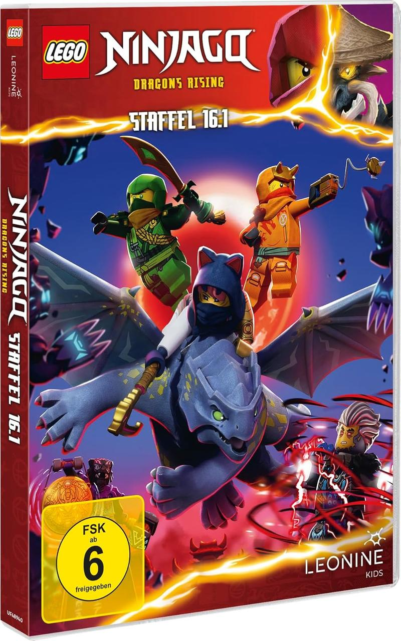 DVD-Cover von LEGO Ninjago. Ninjas auf einem Drachen, roter Hintergrund. Staffel 16.1.