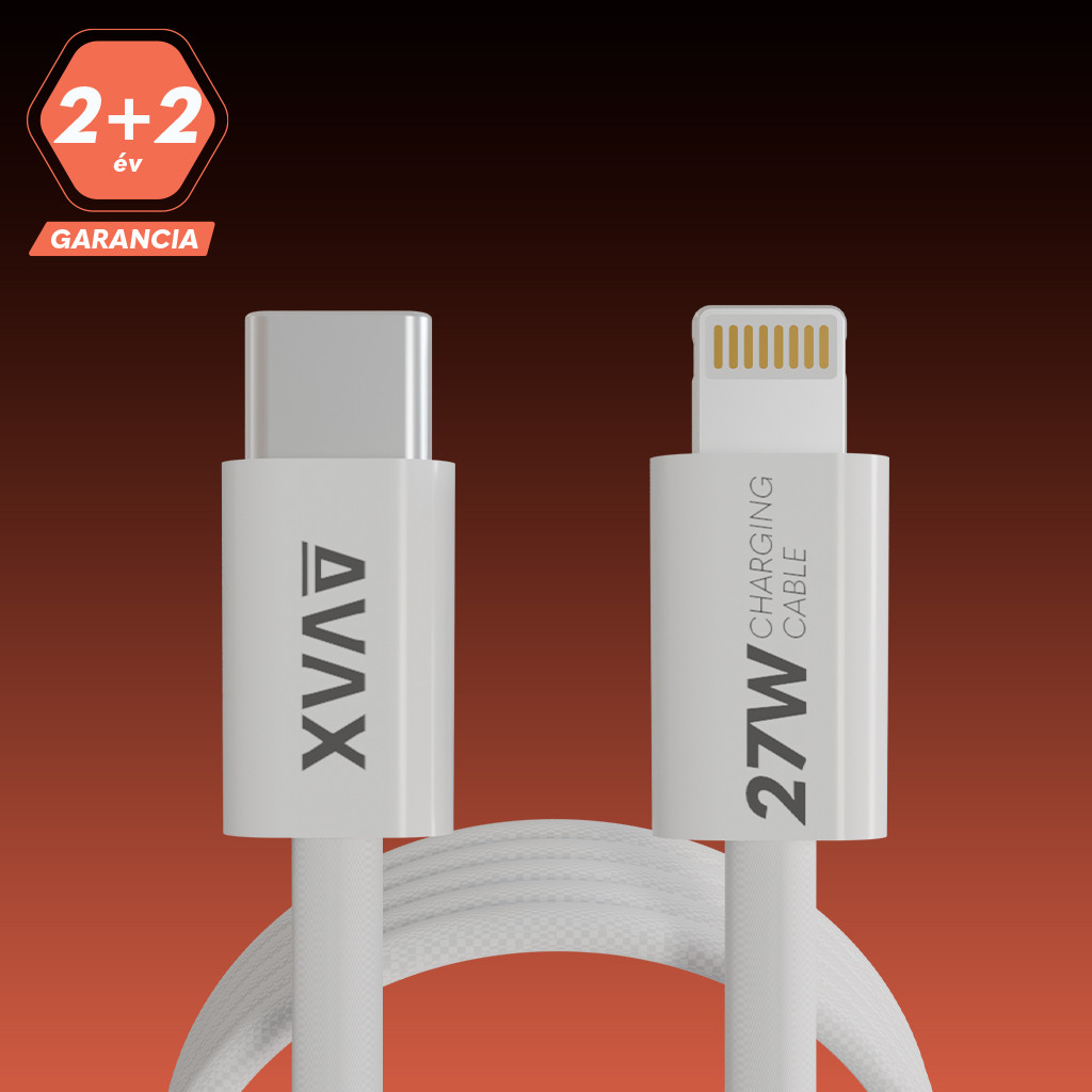 Fehér töltőkábel USB-C és Lightning csatlakozókkal, narancssárga háttérrel.