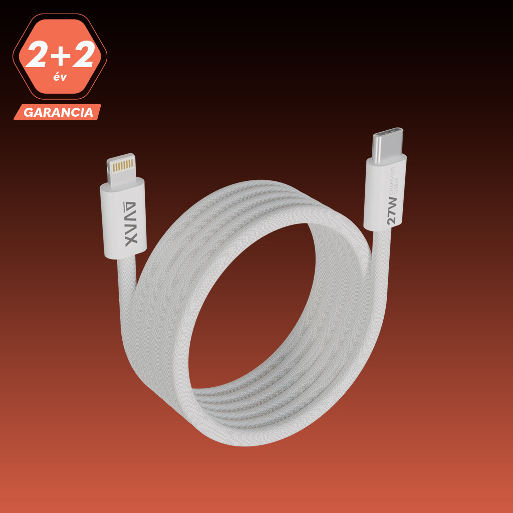 Fehér töltőkábel USB-C és Lightning csatlakozókkal, narancssárga háttérrel.