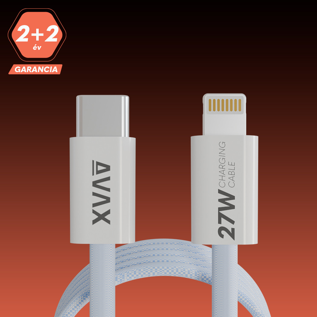 Világoskék töltőkábel USB-C és Lightning csatlakozókkal, narancssárga háttérrel.