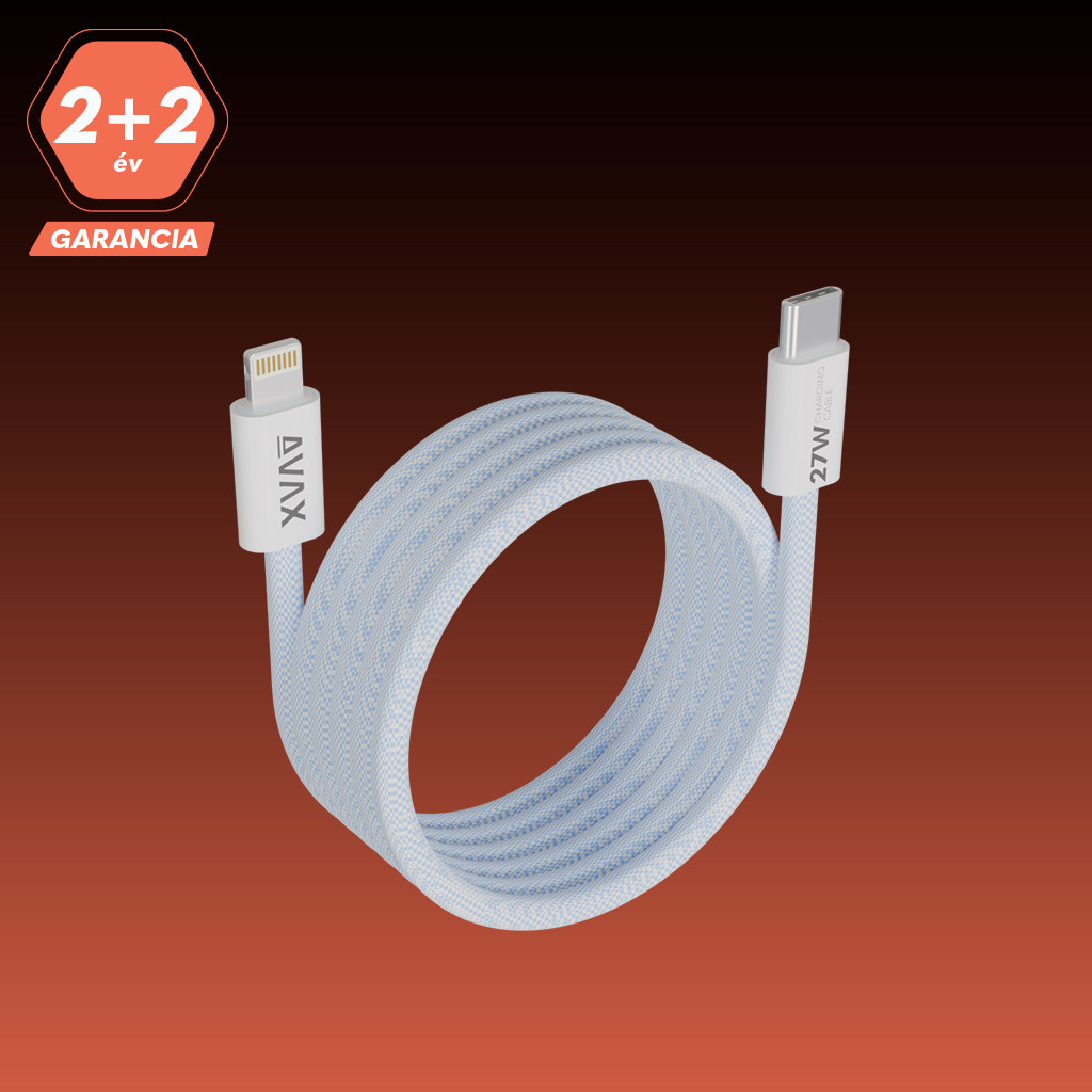 Fehér töltőkábel Lightning és USB-C csatlakozókkal narancssárga háttéren, garanciainformációval.