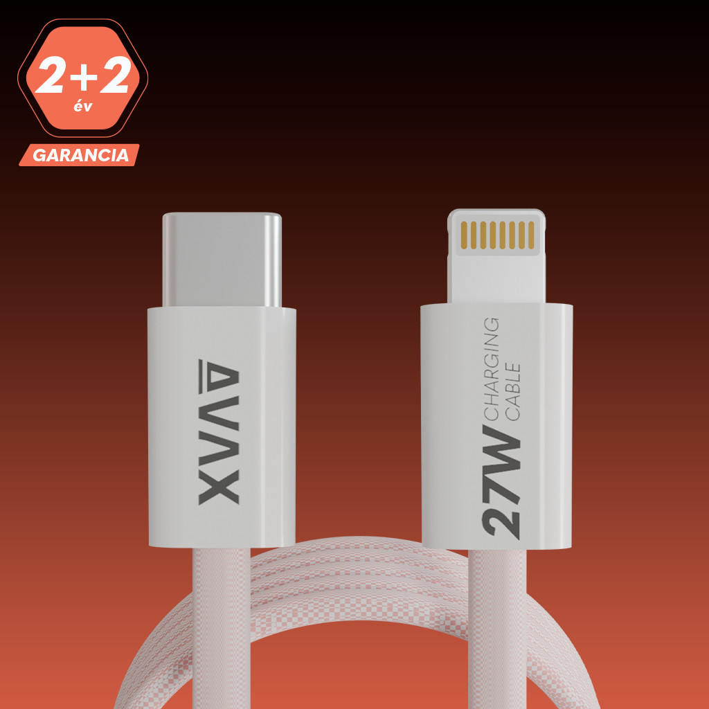 Fehér töltőkábel Lightning és USB-C csatlakozókkal narancssárga háttéren, garanciainformációval.
