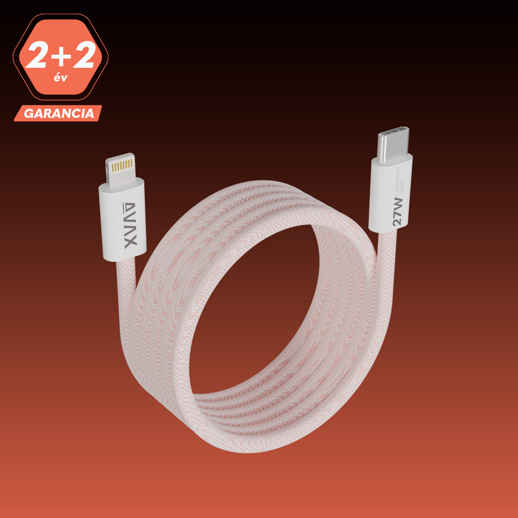 Rózsaszín töltőkábel Lightning és USB-C csatlakozókkal narancssárga háttéren.