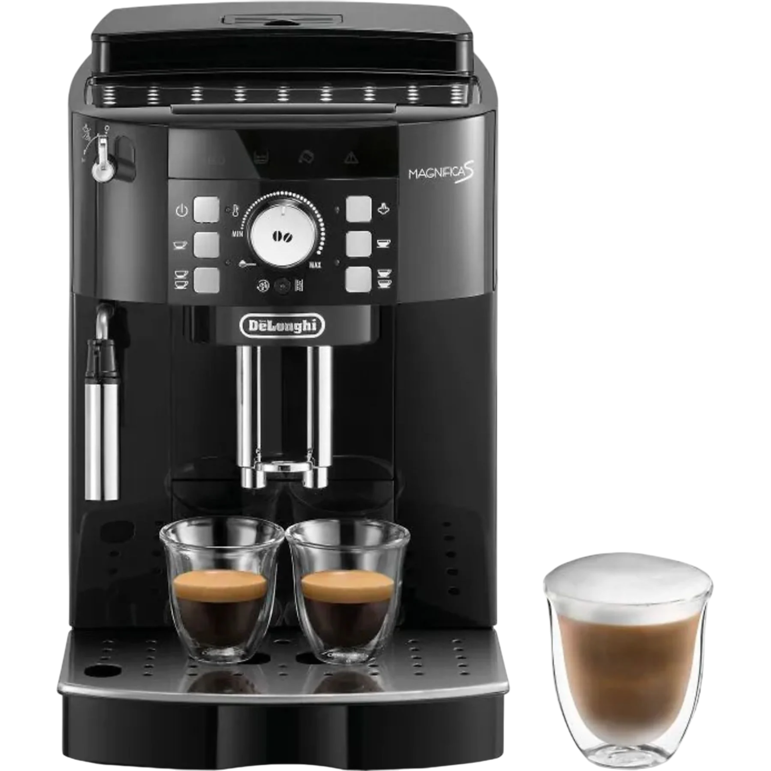 Zwarte De'Longhi Magnifica S koffiemachine met twee espressokopjes en een latte glas. Achtergrond is zwart.