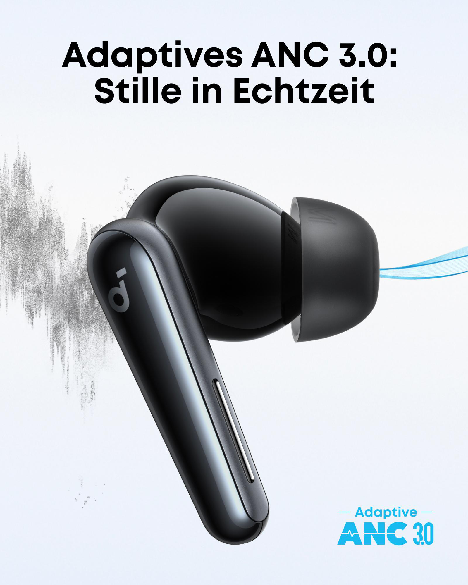 Schwarze Ohrhörer mit Logo und Text 'Adaptives ANC 3.0: Stille in Echtzeit' auf weißem Hintergrund.