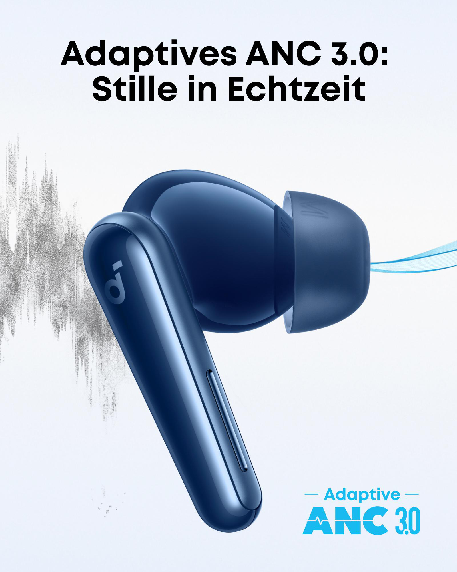 Blaue Ohrhörer mit Logo und Text 'Adaptives ANC 3.0: Stille in Echtzeit' auf weißem Hintergrund.