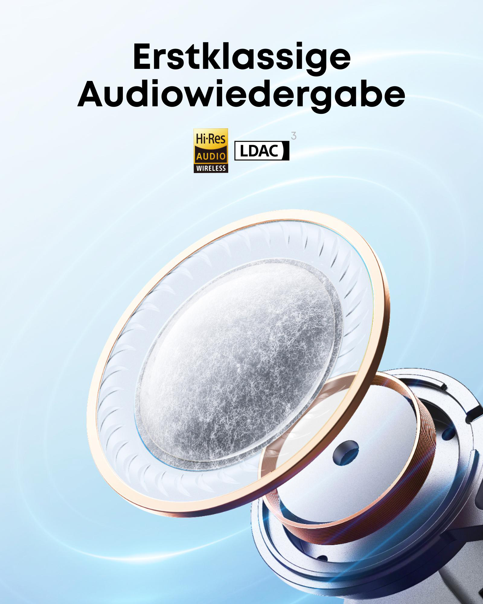 Nahaufnahme eines Lautsprechers mit Text 'Erstklassige Audiowiedergabe' und Hi-Res Audio Logo.