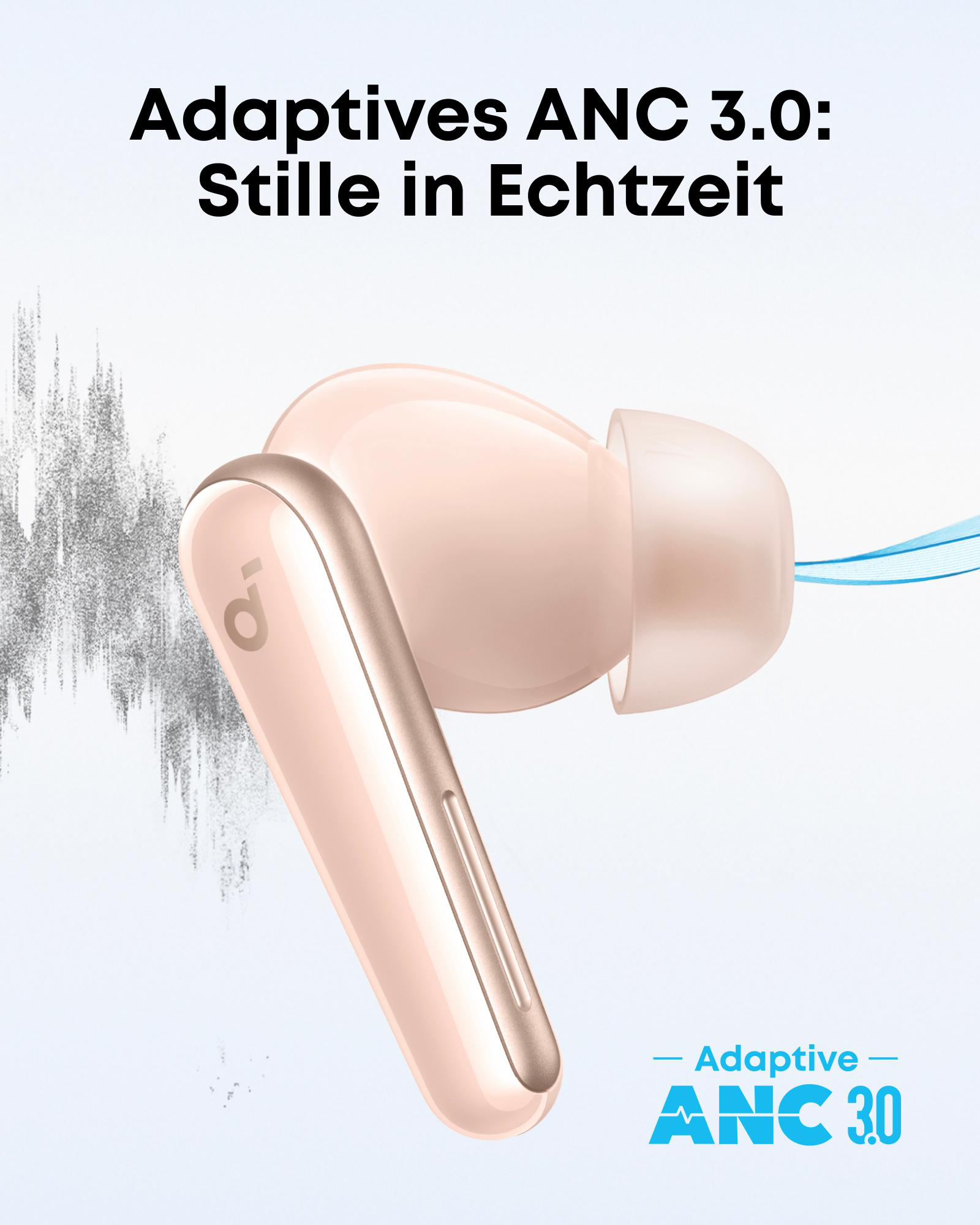 Ein einzelner roségoldener Ohrhörer mit blauem Hintergrund und Text.