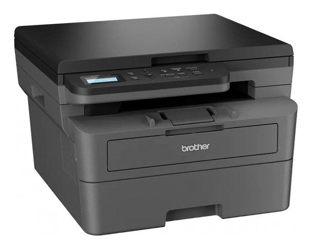 Ciemnoszara drukarka Brother. Ma skaner płaski na górze i podajnik papieru na dole. Widoczne logo Brother.