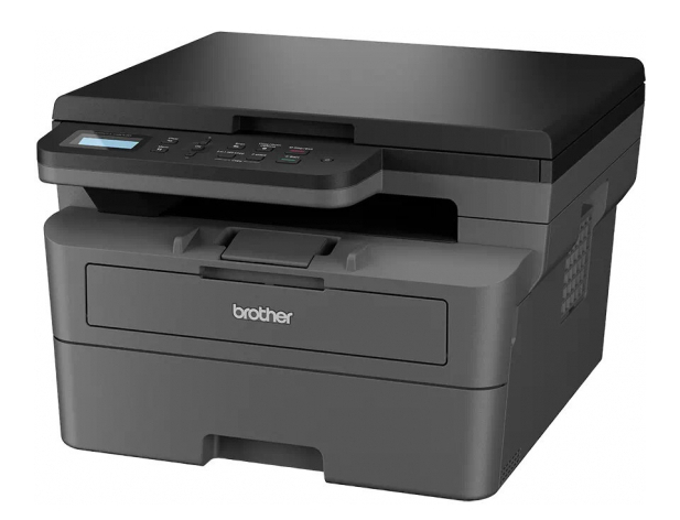 Czarno-szara drukarka Brother. Posiada panel sterowania, podajnik papieru i logo Brother.