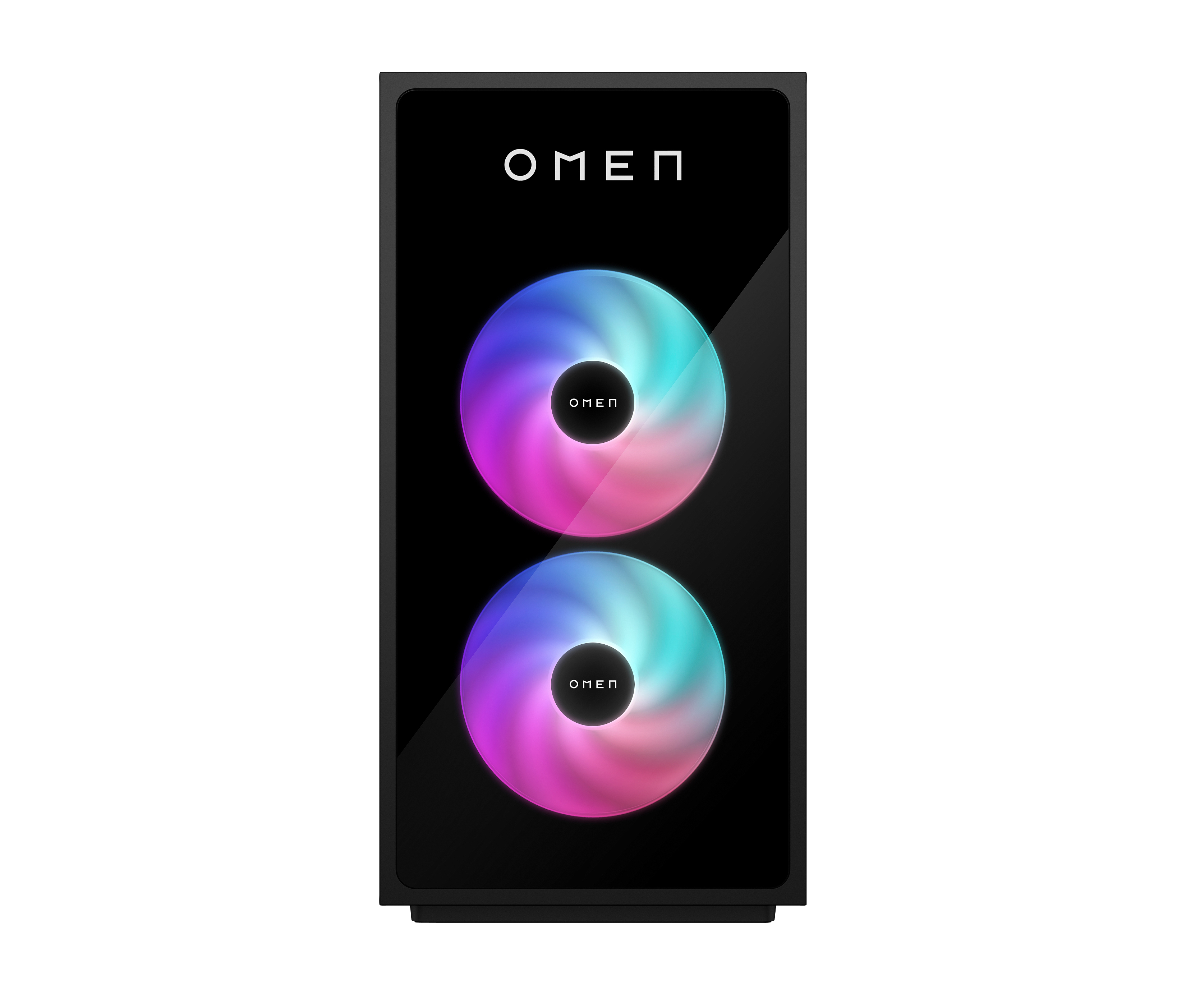 Schwarzer PC-Tower mit Glasfront. Zwei beleuchtete Lüfter mit OMEN-Logo, farbiger Beleuchtung auf schwarzem Grund.