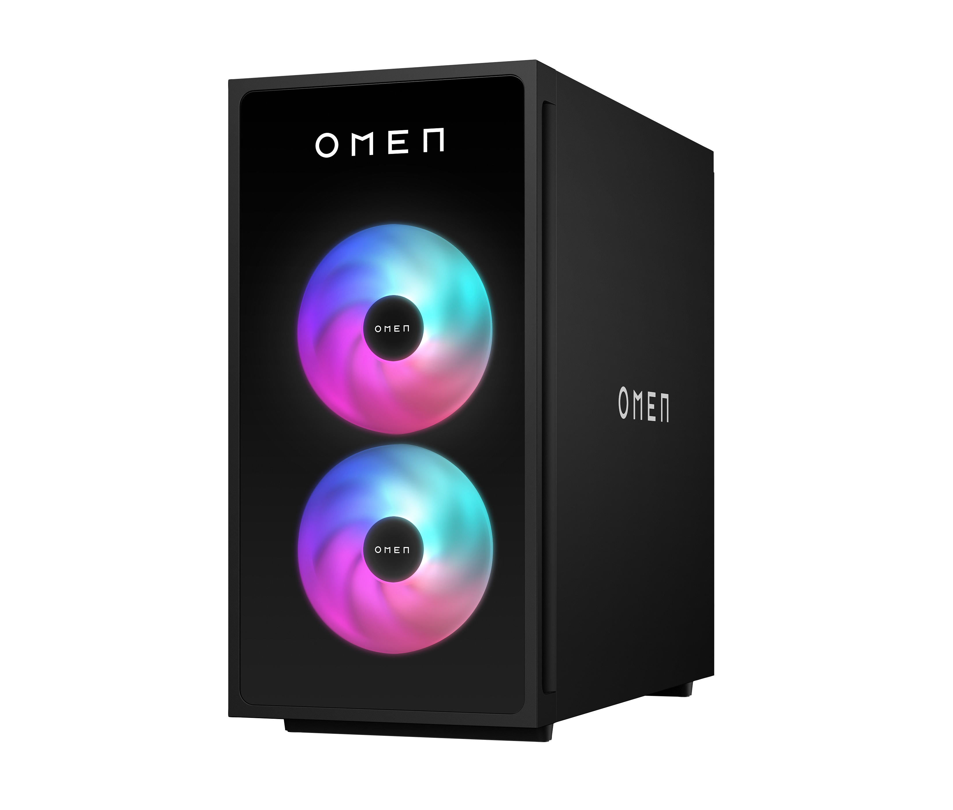 Schwarzer PC-Tower mit Glasfront. Zwei beleuchtete Lüfter mit OMEN-Logo, farbiger Beleuchtung auf schwarzem Grund.