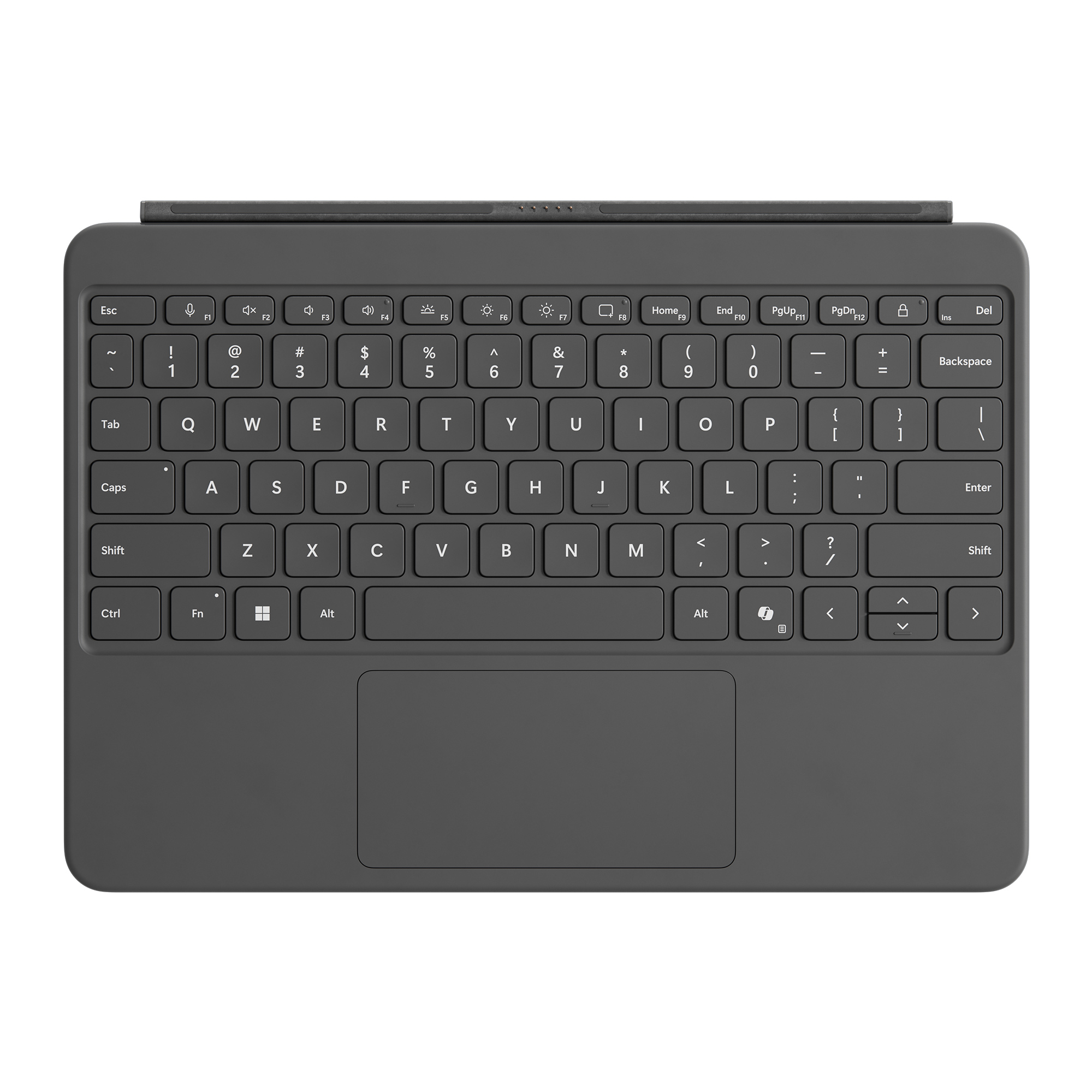 Eine graue Tastatur mit einem Touchpad auf weißem Hintergrund.