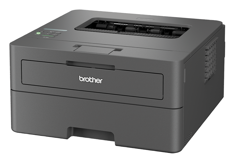 Szara drukarka Brother, widok z przodu, z otwartą szufladą na papier.