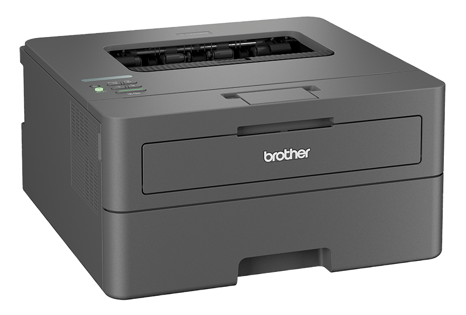 Szara drukarka Brother, widok z przodu, z widocznym logo Brother.
