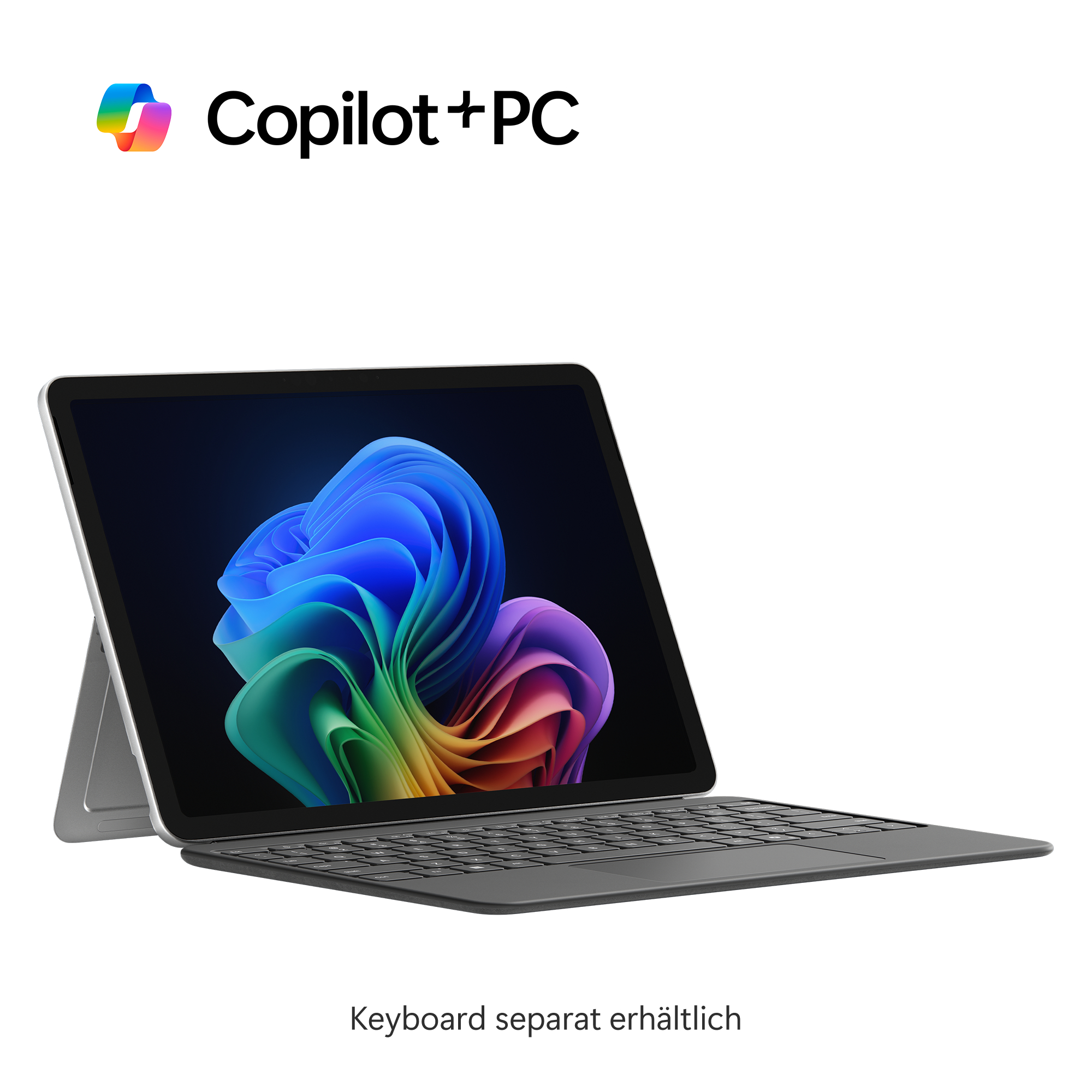 Ein Tablet mit Tastatur, farbenfroher Bildschirmhintergrund, auf weißem Hintergrund, mit 'Copilot+PC' Text.