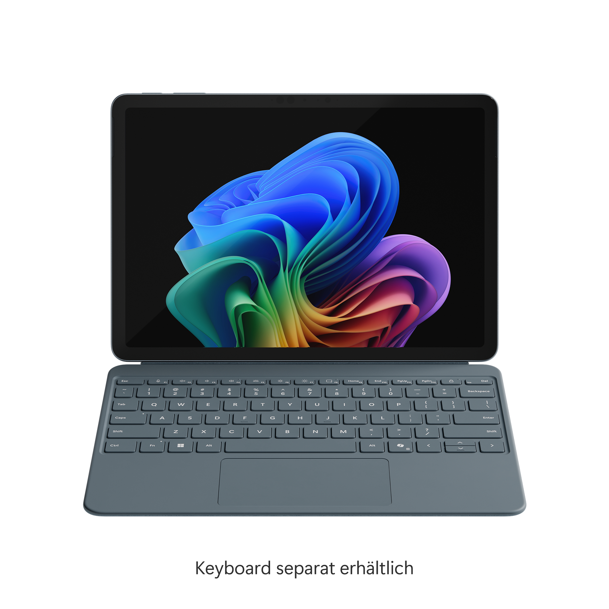 Ein Tablet mit Tastatur auf einer Oberfläche. Auf dem Display ist ein farbenfrohes Bild zu sehen.