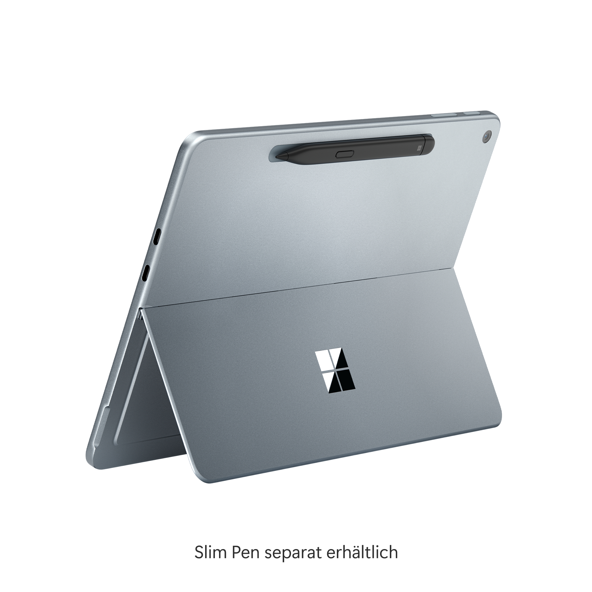 Ein Tablet, das auf einem Ständer steht. Auf der Rückseite ist ein Stift befestigt.