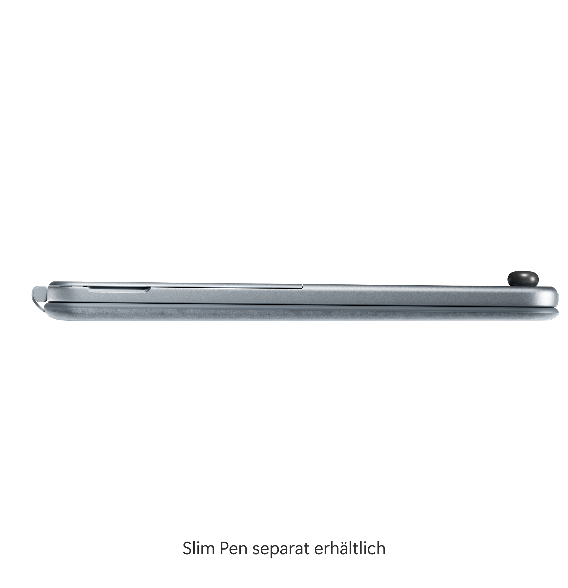 Ein silbernes Tablet mit einem Stift, der separat erhältlich ist, vor weißem Hintergrund.