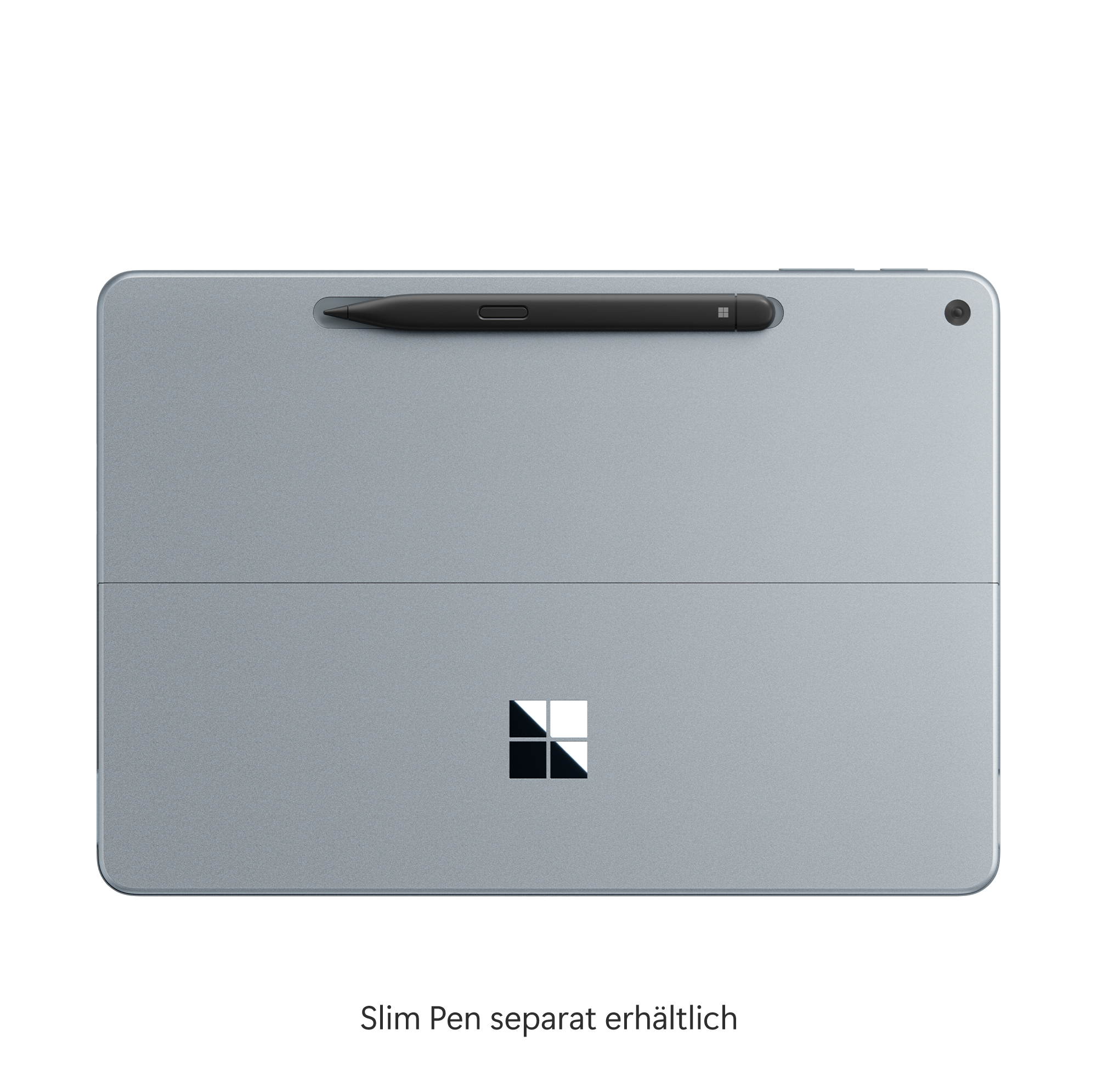 Ein silbernes Tablet mit schwarzem Stift und Windows-Logo, vor weißem Hintergrund.