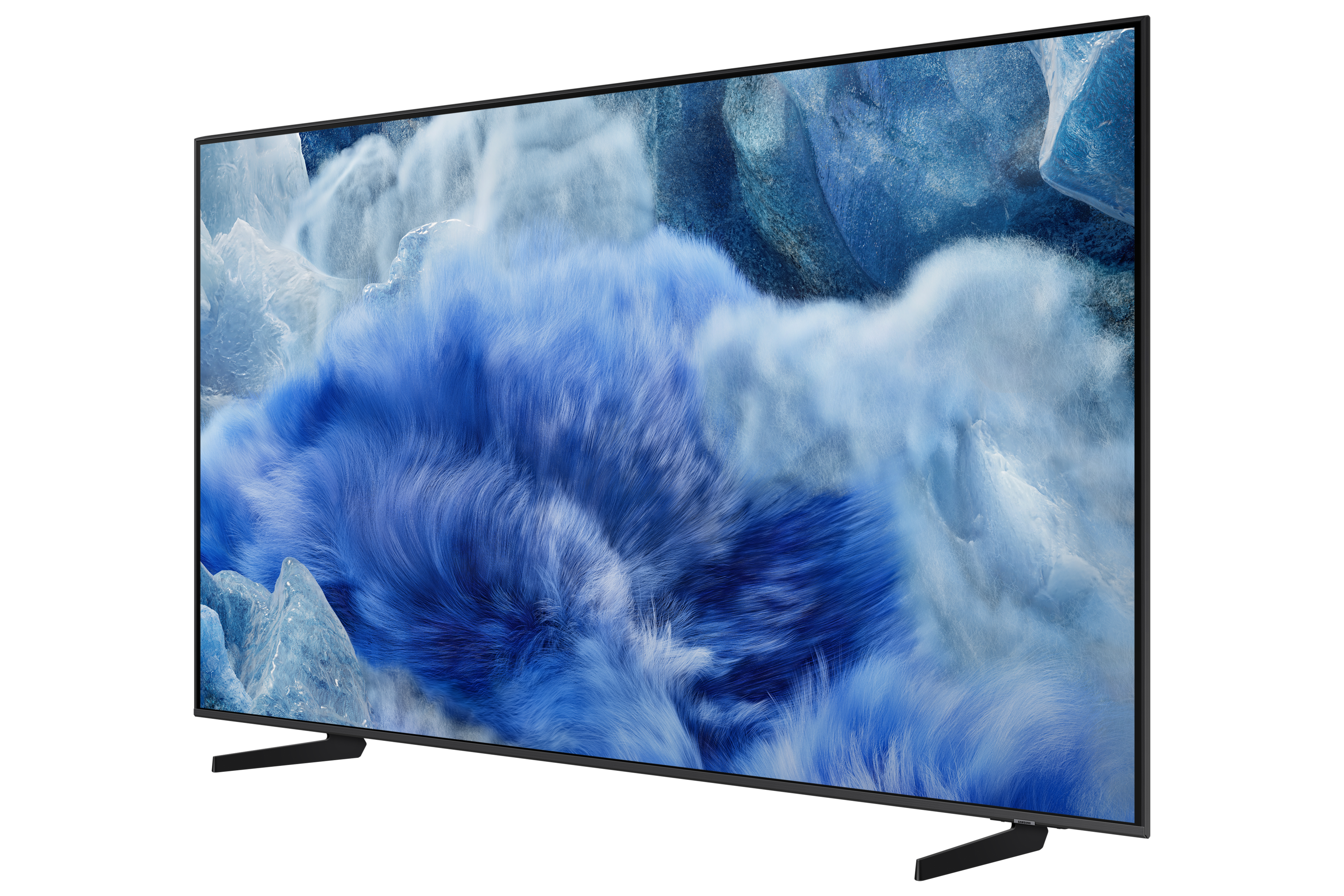 Ein großer Fernseher mit blau-weißem Hintergrund, schwarzer Rahmen und Standfüße.