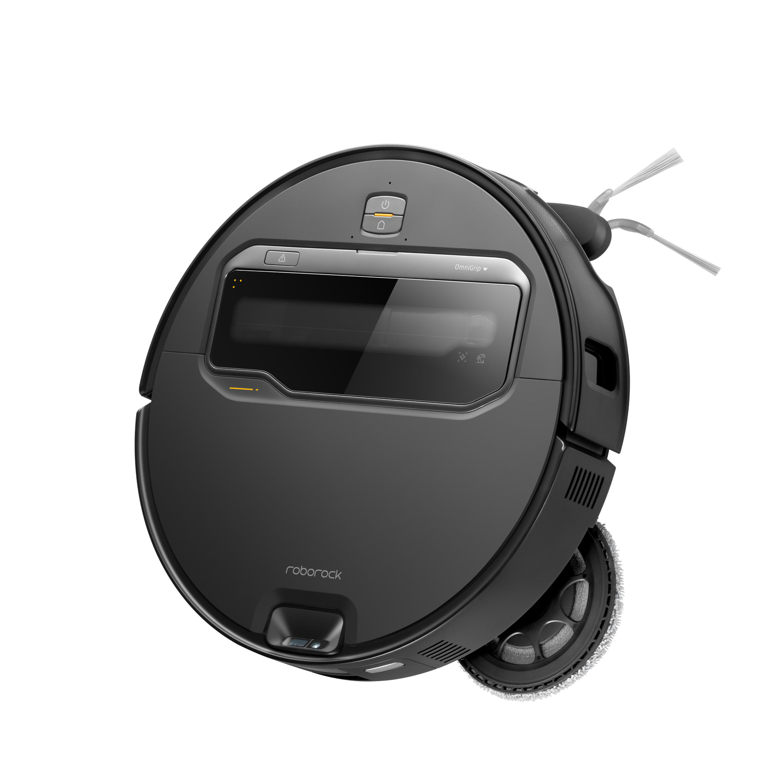 Draufsicht auf einen schwarzen Roboter-Staubsauger mit einem glänzenden Deckel und einem Bedienfeld.