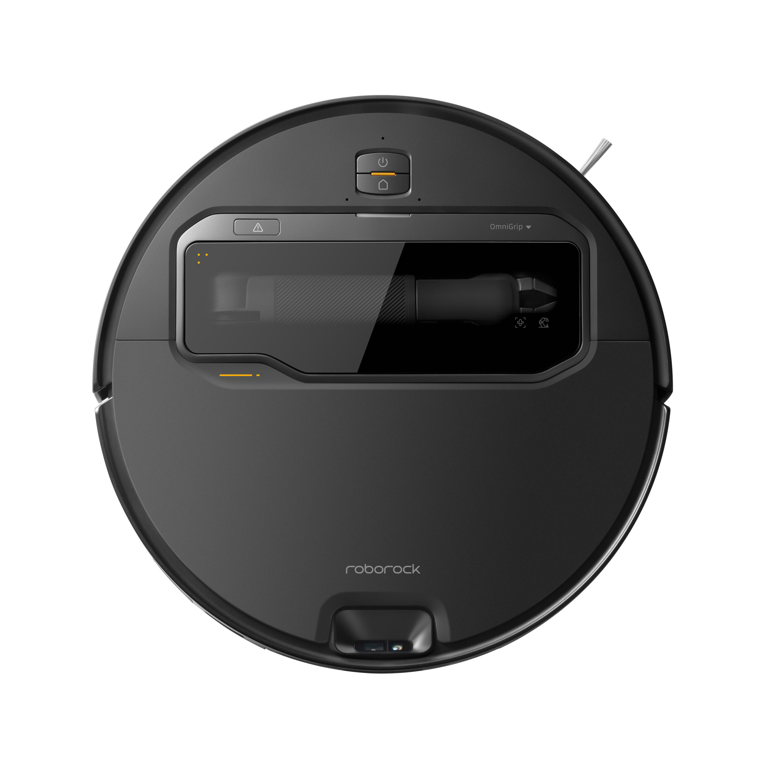 Ein schwarzer Roboter-Staubsauger mit einem Roboterarm, der sich auf einem weißen Hintergrund befindet.