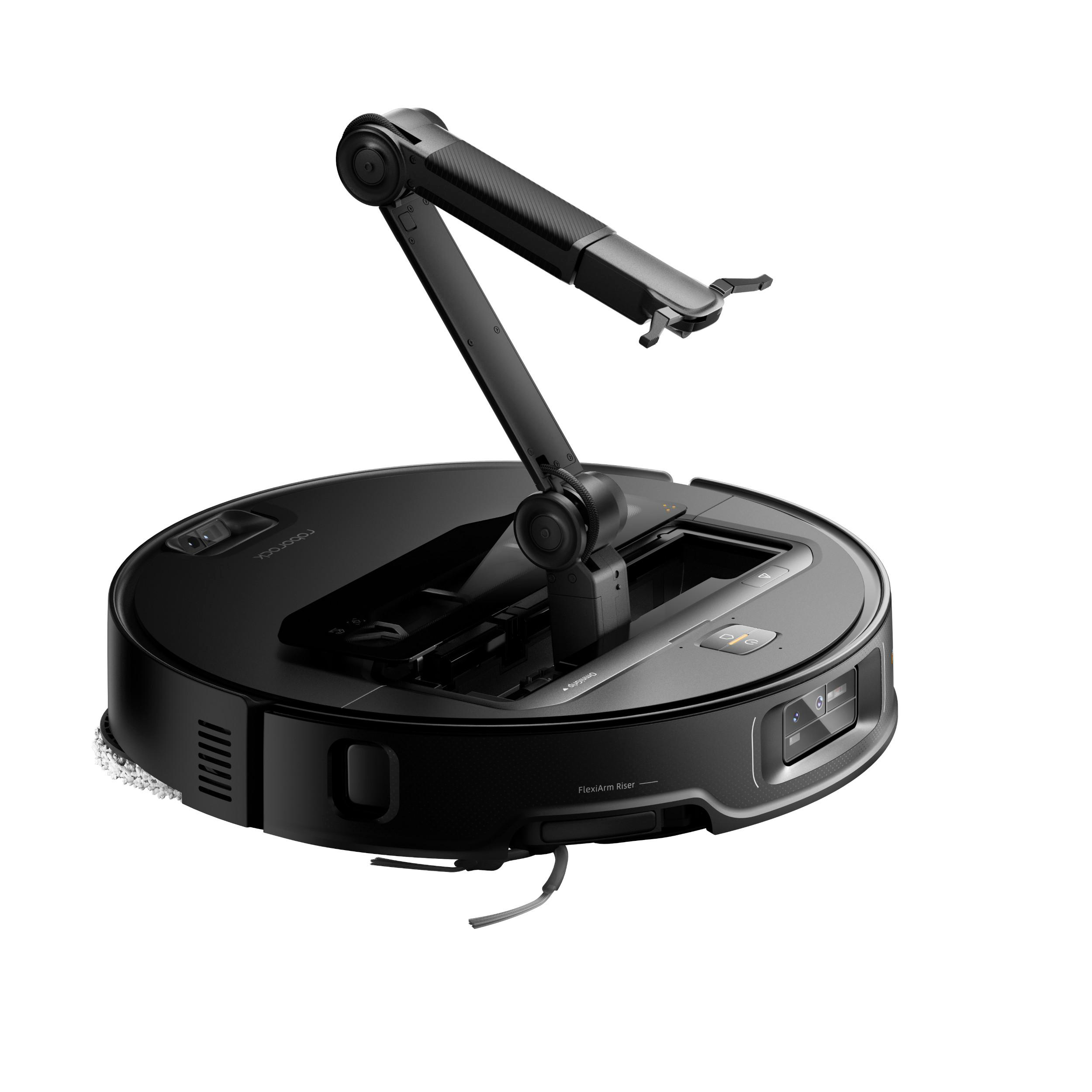 Ein schwarzer Roboter-Staubsauger mit einem Roboterarm, der sich auf einem weißen Hintergrund befindet.