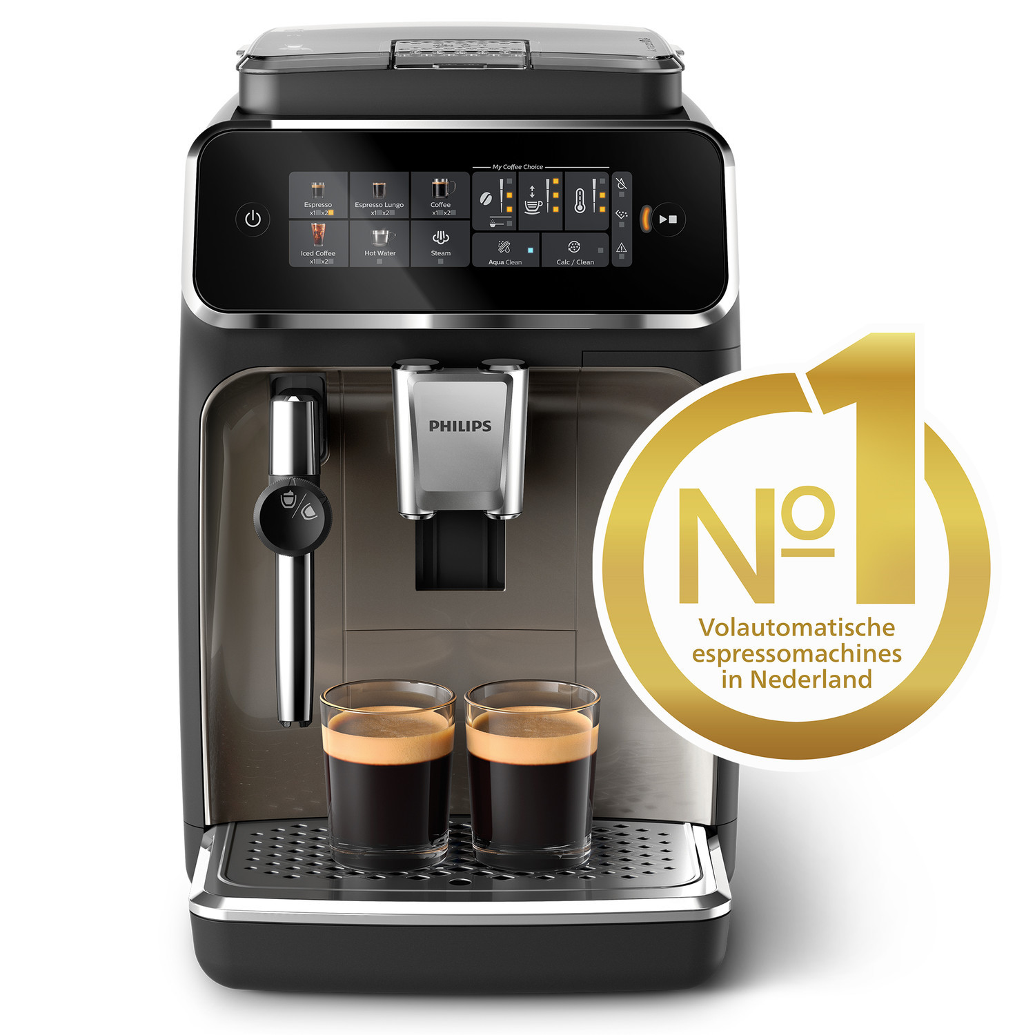 Koffiemachine met twee espressokopjes en een gouden label.