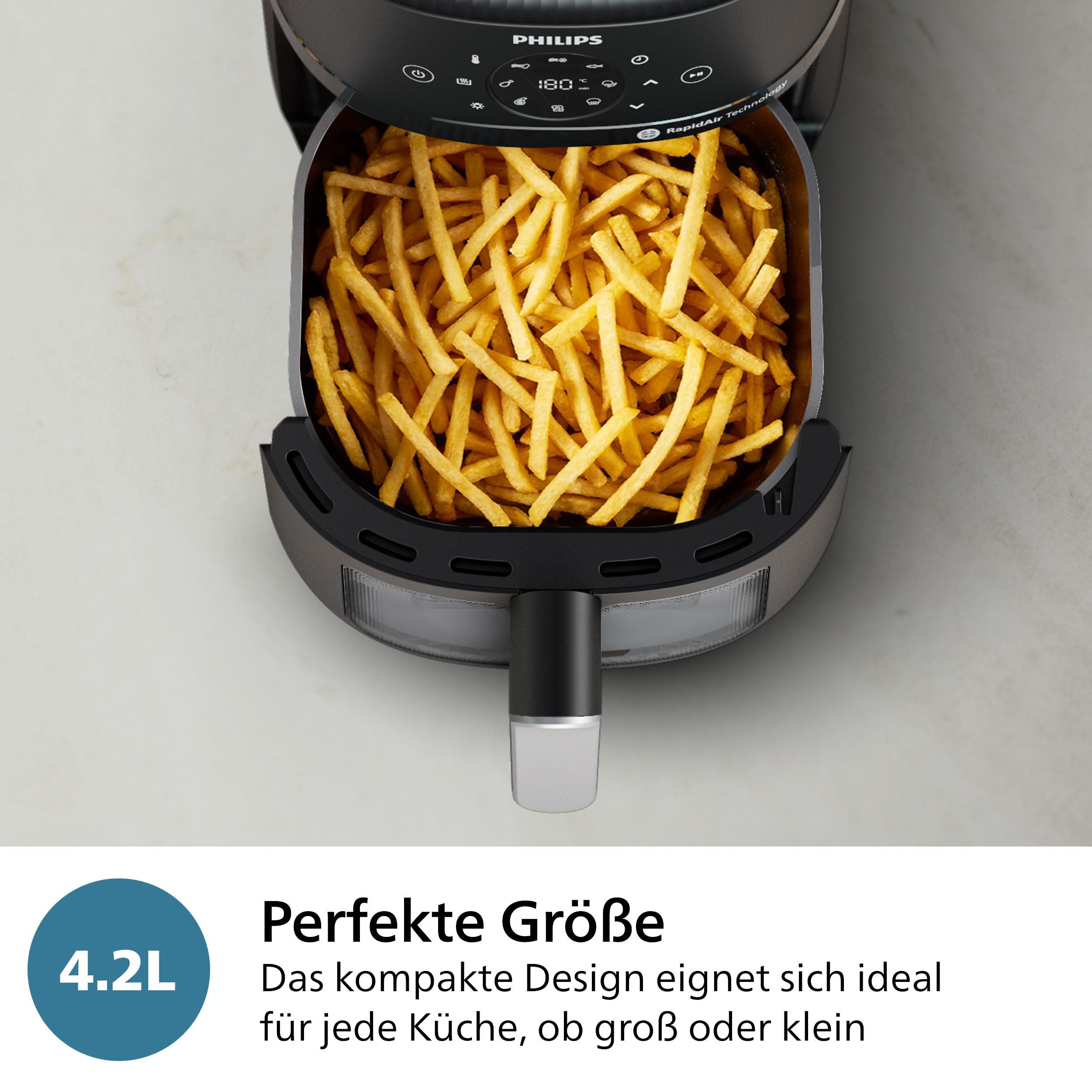 Ein Airfryer mit Pommes frites im Korb, mit der Aufschrift 'Perfekte Größe' und der Angabe '4.2L'.