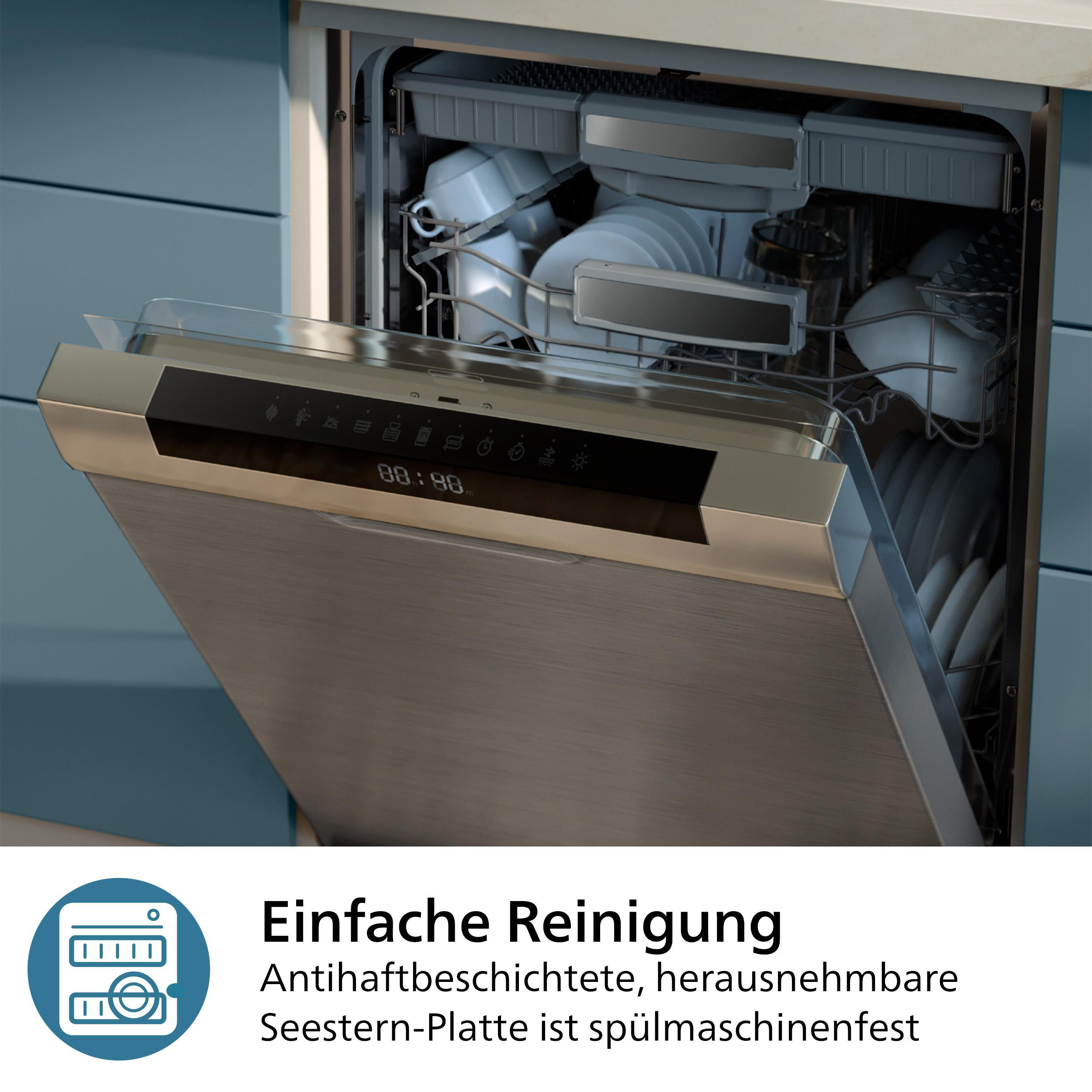 Geschirrspüler mit offener Tür, in der sich Geschirr befindet, mit einem Symbol für einfache Reinigung.